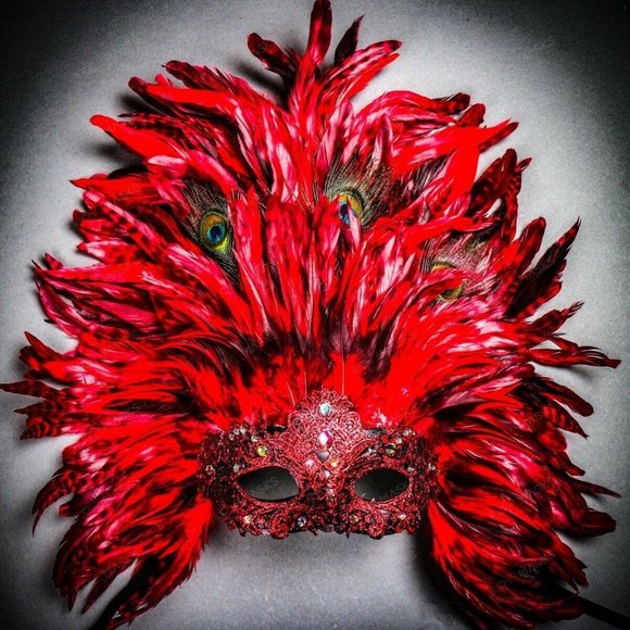 MardiGras Red Carnival Masquerade Top Feather Mask - Picture 1 of 7